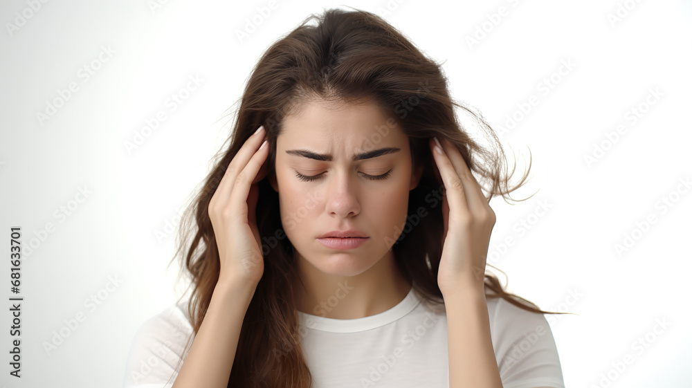 Woman alone on a stark white background, hand on forehead, appears exhausted Woman alone on a stark white background, hand on forehead, appears exhausted