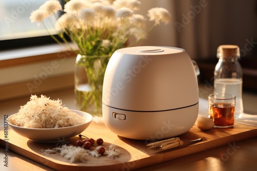 Electric smart rice cooker on a wooden kitchen countertop, Has a sense of simple light luxury. photo