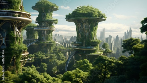 A Futuristic City Rising Amidst the Verdant Canopy of a Forest