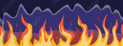 Seamless flame wall in cartoon style. Bright and colorful fire on a blue background.