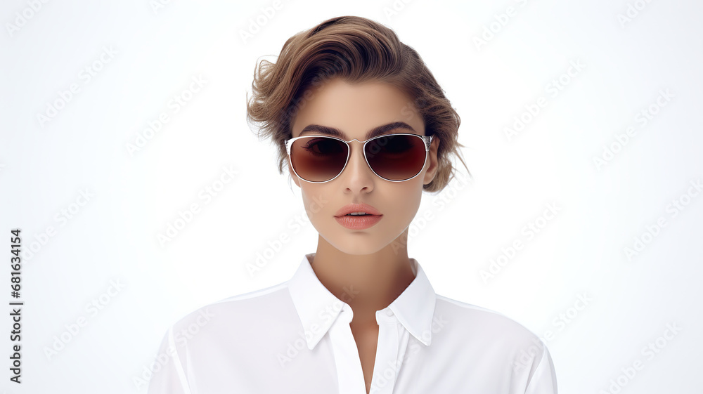 Isolated against a stark white background is a woman wearing sunglasses and a white shirt. Isolated against a stark white background is a woman wearing sunglasses and a white shirt.