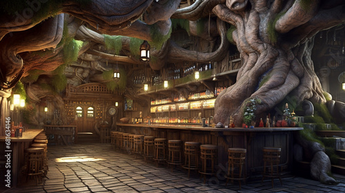 gemütliche, stimmungsvolle mittelalterliche Fantasy-Taverne. generative KI