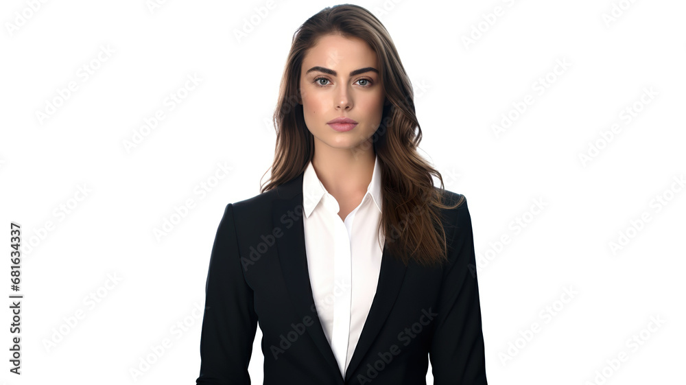 Isolated woman dressed in a suit against a stark white background Isolated woman dressed in a suit against a stark white background