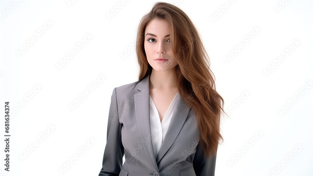 Isolated woman dressed in a suit against a stark white background Isolated woman dressed in a suit against a stark white background