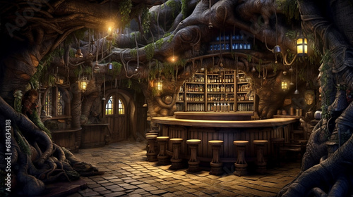 gemütliche, stimmungsvolle mittelalterliche Fantasy-Taverne. generative KI
