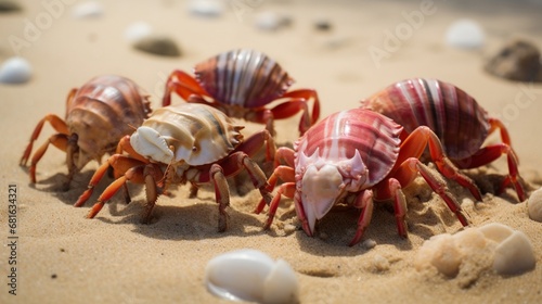 A group of hermit crabs crawling along a sandy beach.