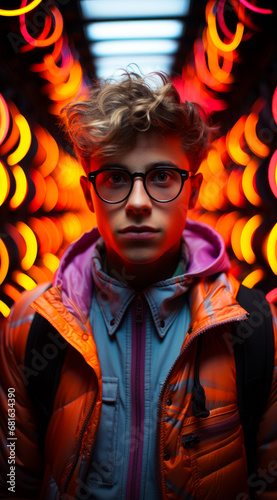 A young man in glasses faces a glowing light tunnel. A young man wearing glasses standing in front of a neon background