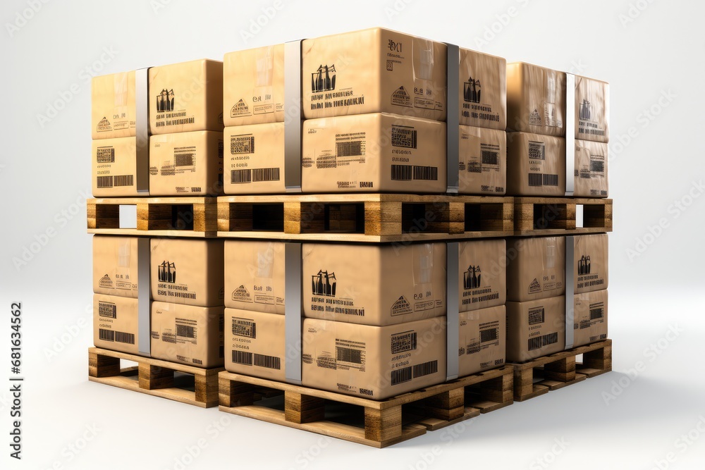 Cardboard boxes on pallets isolated on white background, The action of delivering packages or ordered goods. Cardboard boxes on pallets isolated on white background, The action of delivering packages or ordered goods.