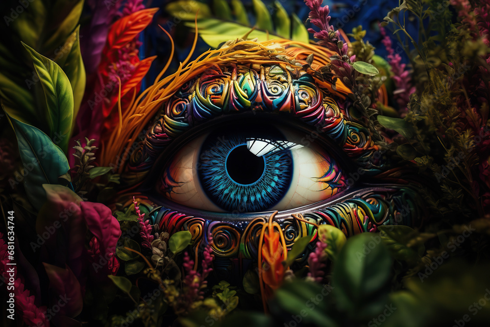 eye of fantastical creature peeking out from the bushes in bloom with flowers and leaves, surrealistic, closeup, landscape format, photorealistic // ai-generated
