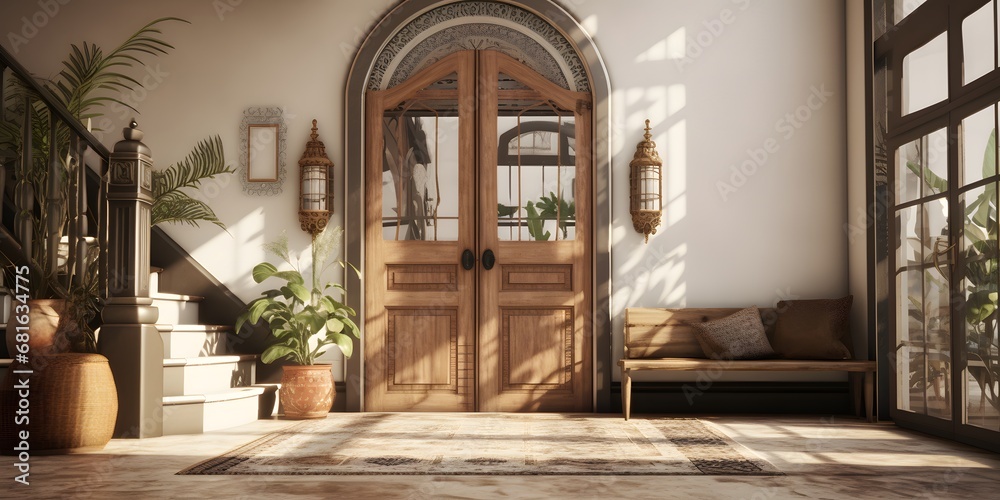 Boho style interior design of modern entrance hall with door
