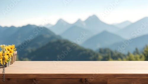 Empty wooden table against a mountains background. Wooden empty tabletop. Ideal backdrop for products presentations.