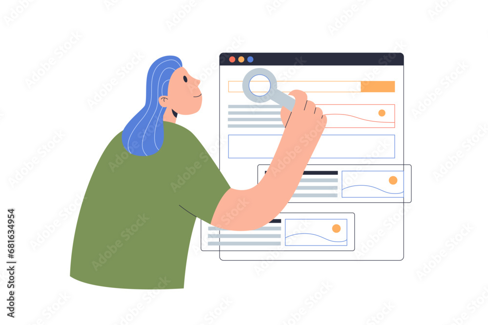 Internet user during online search of data, information. Web analysis and CEO concept. Person checking, analyzing SERPs with magnifying glass. Flat vector illustration isolated on white background Internet user during online search of data, information. Web analysis and CEO concept. Person checking, analyzing SERPs with magnifying glass. Flat vector illustration isolated on white background