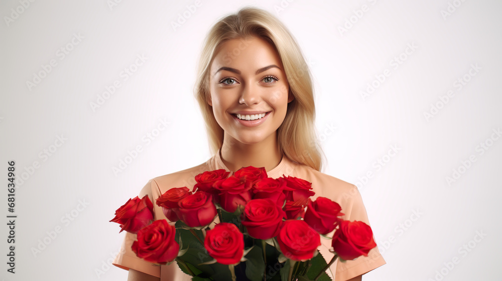 Against a white background, a young, blonde woman is seen standing with a bunch of roses. Against a white background, a young, blonde woman is seen standing with a bunch of roses.