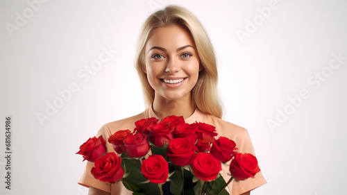 Wallpaper Mural Against a white background, a young, blonde woman is seen standing with a bunch of roses. Torontodigital.ca