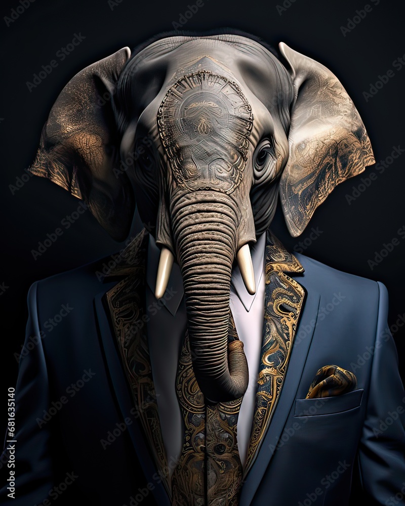 Elephant dressed in a classy modern suit, standing as a successful leader and a confident gentleman. Fashion portrait of an anthropomorphic animal, chimp, chimpanzee, posing with a charismatic
