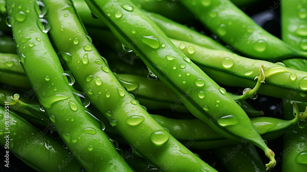 green beans with water drops. close up green beans with water drops. close up