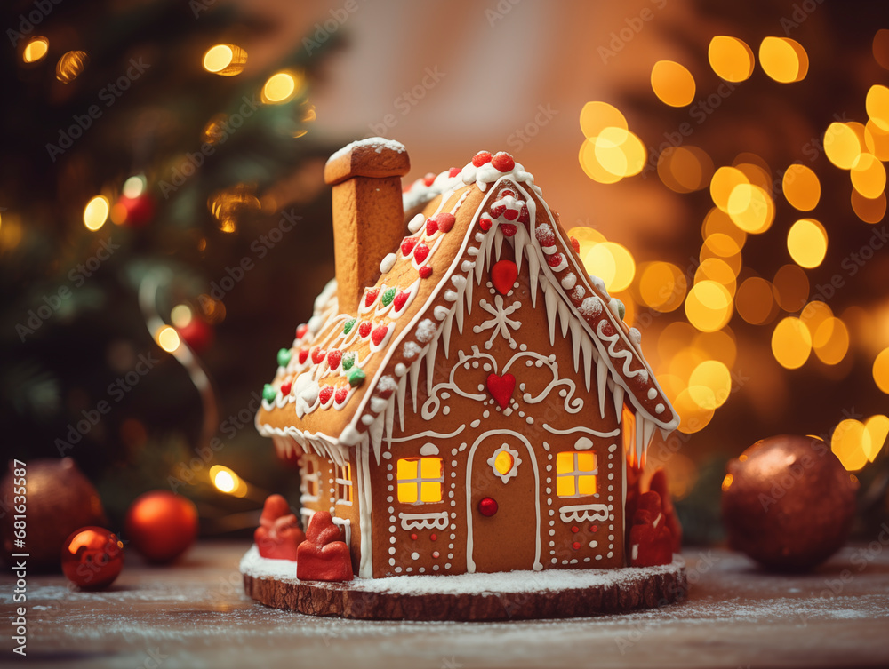 Gingerbread house on the background of a Christmas tree and Christmas decor