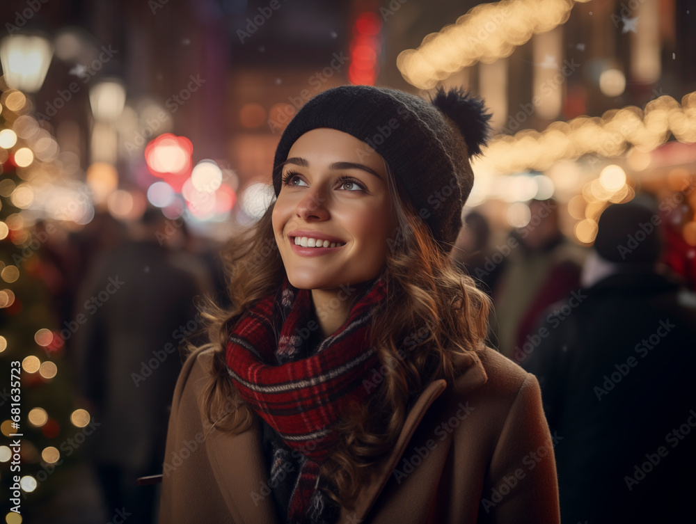 A cheerful woman in a cozy winter outfit, smiles while enjoying an evening at a festive Christmas market. The warm lights and holiday decorations in the background create a joyful and welcoming atmosp A cheerful woman in a cozy winter outfit, smiles while enjoying an evening at a festive Christmas market. The warm lights and holiday decorations in the background create a joyful and welcoming atmosp