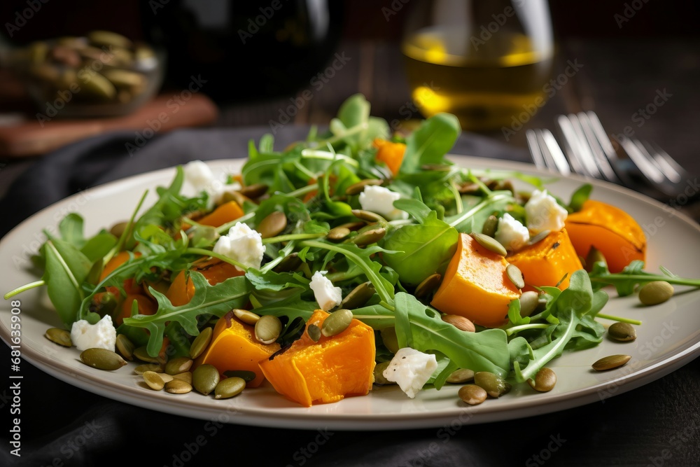 Pumpkin salad feta healthy dish. Slate fall herb roasted grilled. Generate Ai Pumpkin salad feta healthy dish. Slate fall herb roasted grilled. Generate Ai