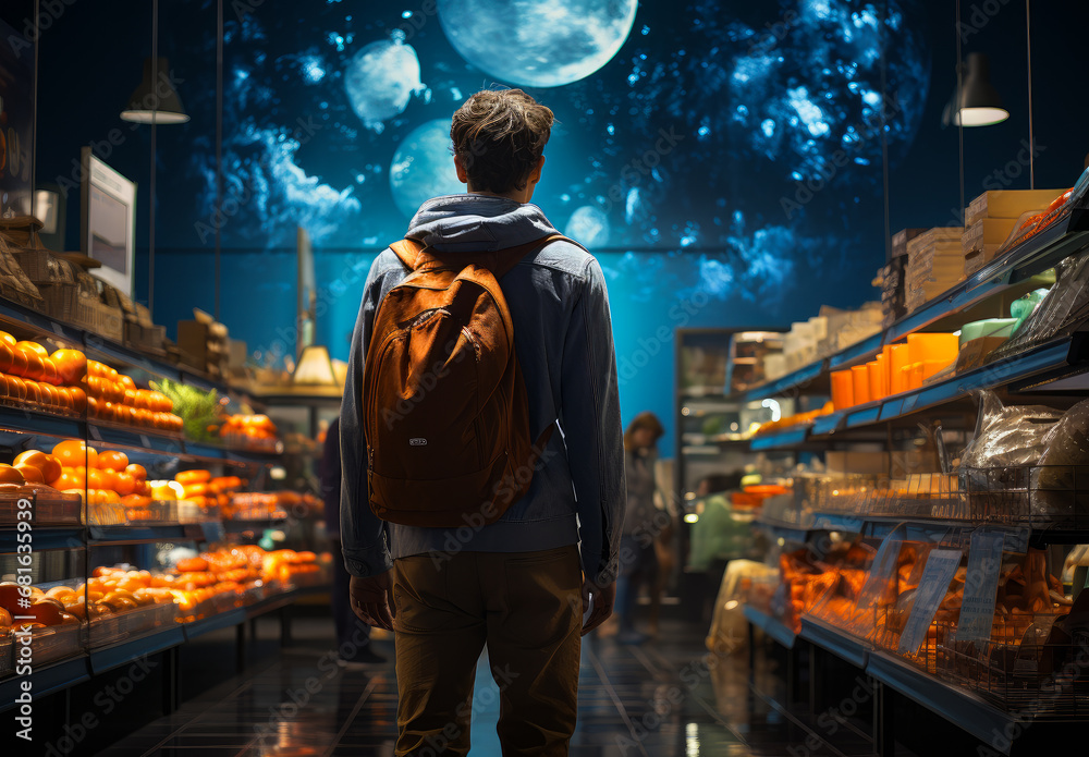 Obraz premium Man grocery shopping at supermarket. A man with a backpack is looking at a display of food