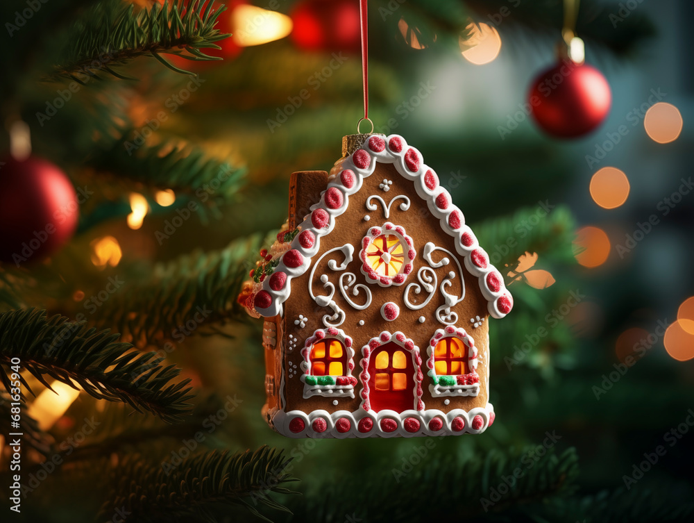 Gingerbread house on the background of a Christmas tree and Christmas decor Gingerbread house on the background of a Christmas tree and Christmas decor
