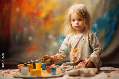 Little cute girl playing with paints