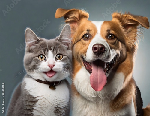 Two adorable cheerful happy cat and dog with their tongues out of their mouths. Close up studio shot.