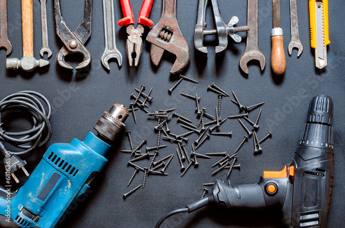 Sets of hand and power tools for repair photo