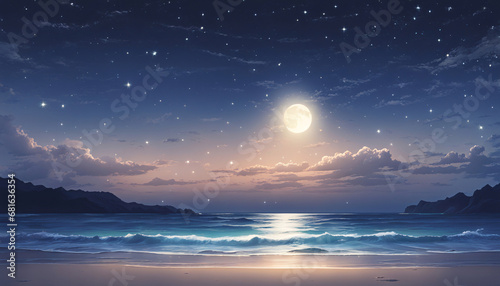 星空と浜辺のイラスト　風景　生成AI © Hideshi