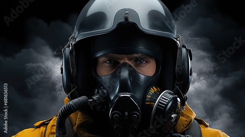 Portrait of fighter pilot wearing helmet with oxygen mask and headphones.