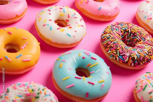 Colorful donuts on a pink background © Devstock