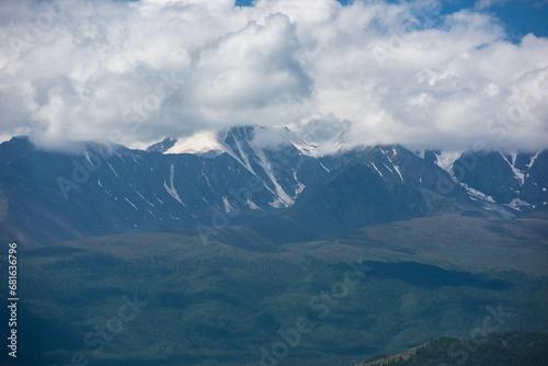 Kurai steppe and North-Chui ridge on background. Altai mountains, Russia.