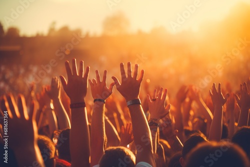 Crowd with raised hands at concert summer festival music concept
