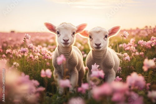 Cute lambs in the flower field