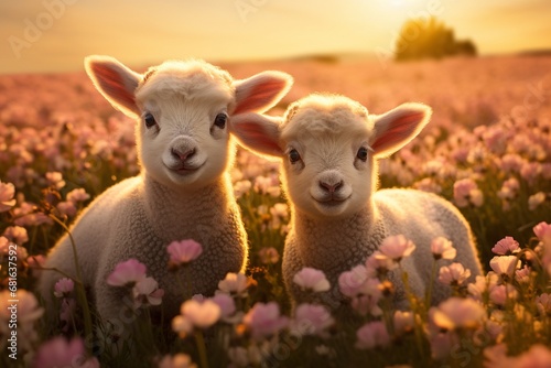 Cute lambs in the flower field © Devstock