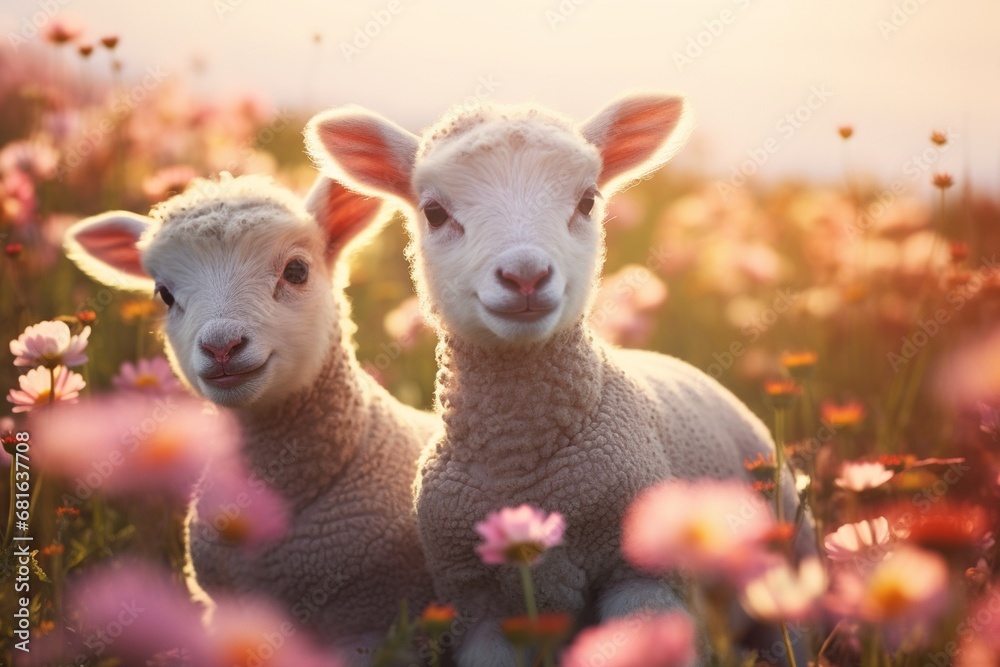 Cute lambs in the flower field