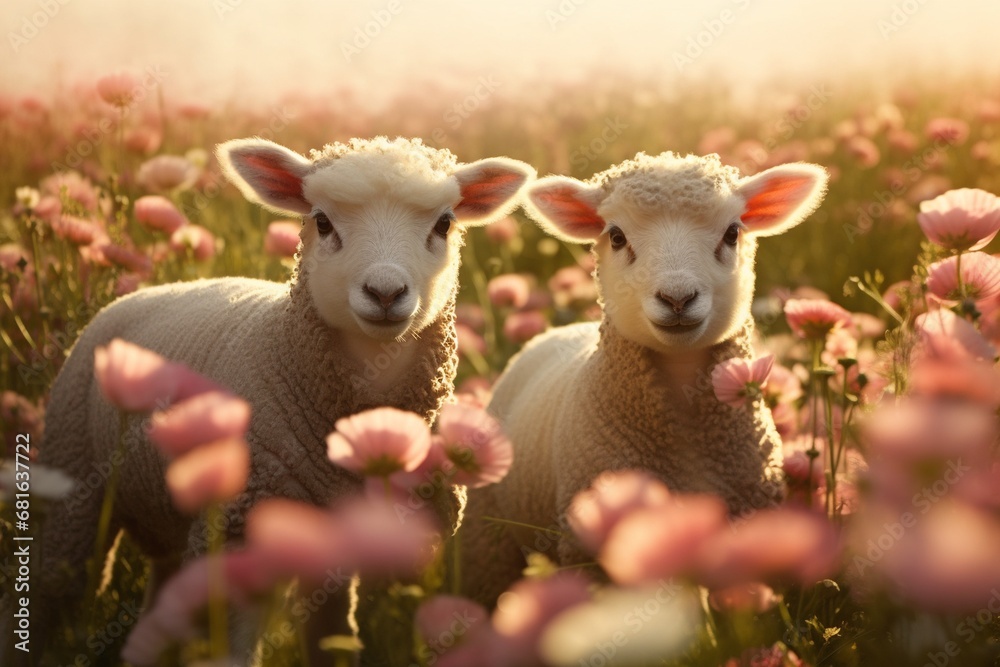 Naklejka premium Cute lambs in the flower field