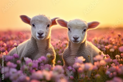 Cute lambs in the flower field © Devstock