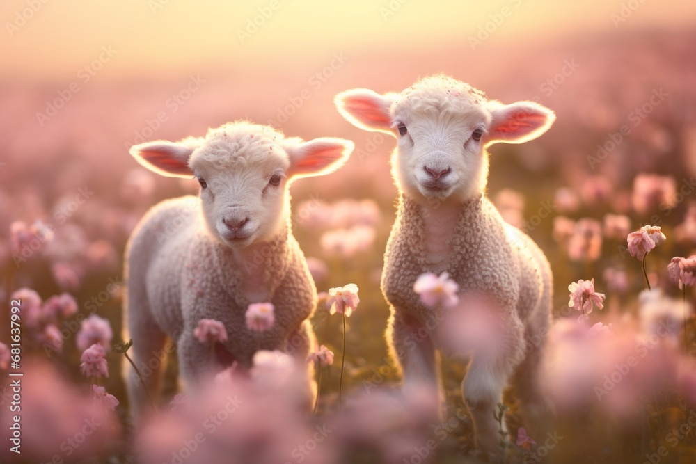 Cute lambs in the flower field