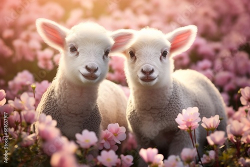 Cute lambs in the flower field