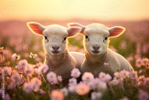 Cute lambs in the flower field