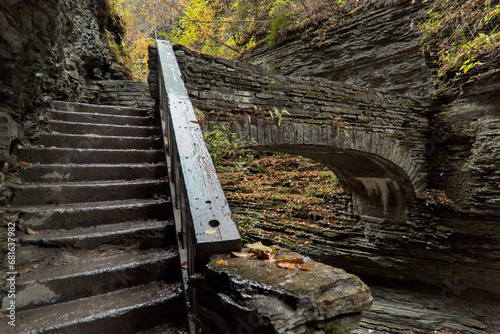 stone path detail at watkins glen state park (waterfalls in a gorge) upstate new york finger lakes region hiking in autumn (beautiful leaves changing colors, fall foliage) stairs staircase