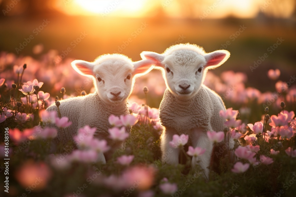 Cute lambs in the flower field Cute lambs in the flower field