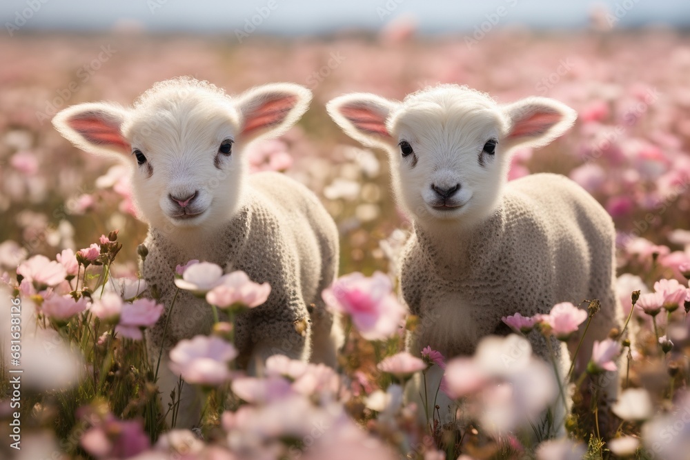 Cute lambs in the flower field Cute lambs in the flower field
