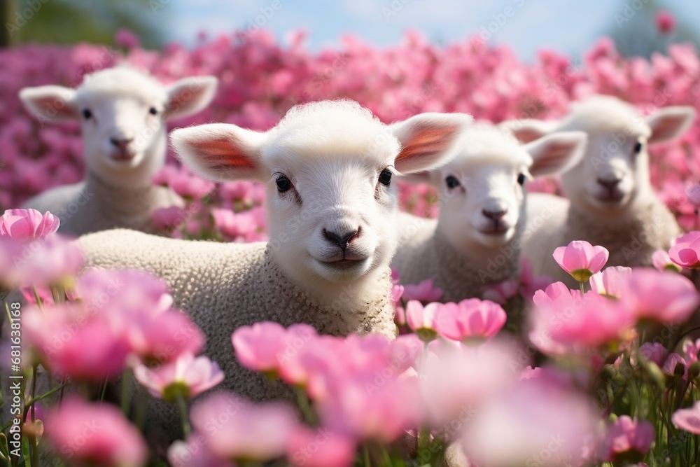 Cute lambs in the flower field