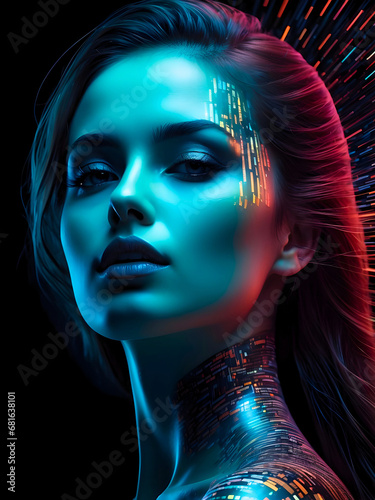 3D illustration of a cybernetically enhanced female face with digital neon lights. Futuristic technologically, sci-fi and fantasy concept