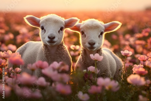 Cute lambs in the flower field