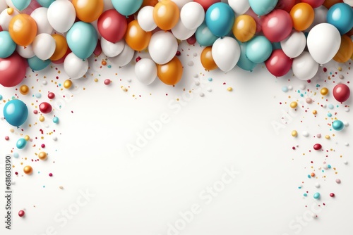 Colorful balloons and confetti on white background