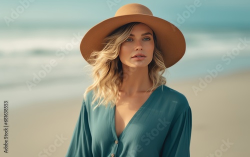 A Serene Day at the Beach: Woman Wearing a Stylish Hat Enjoying the Sun