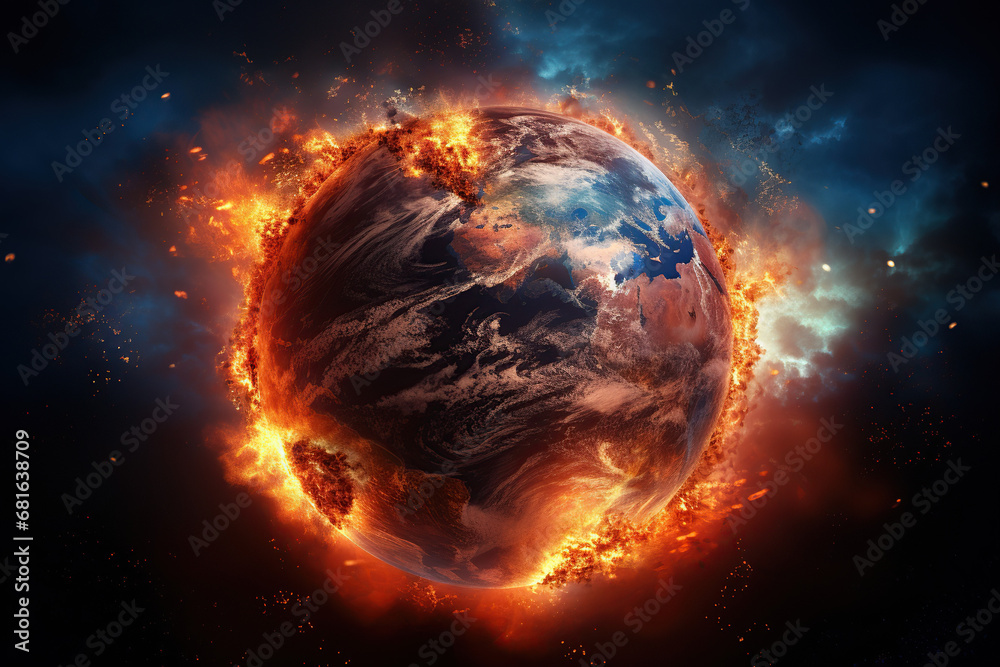 Obraz premium astronomical image of planet earth on fire, global burning, illustration // ai-generated